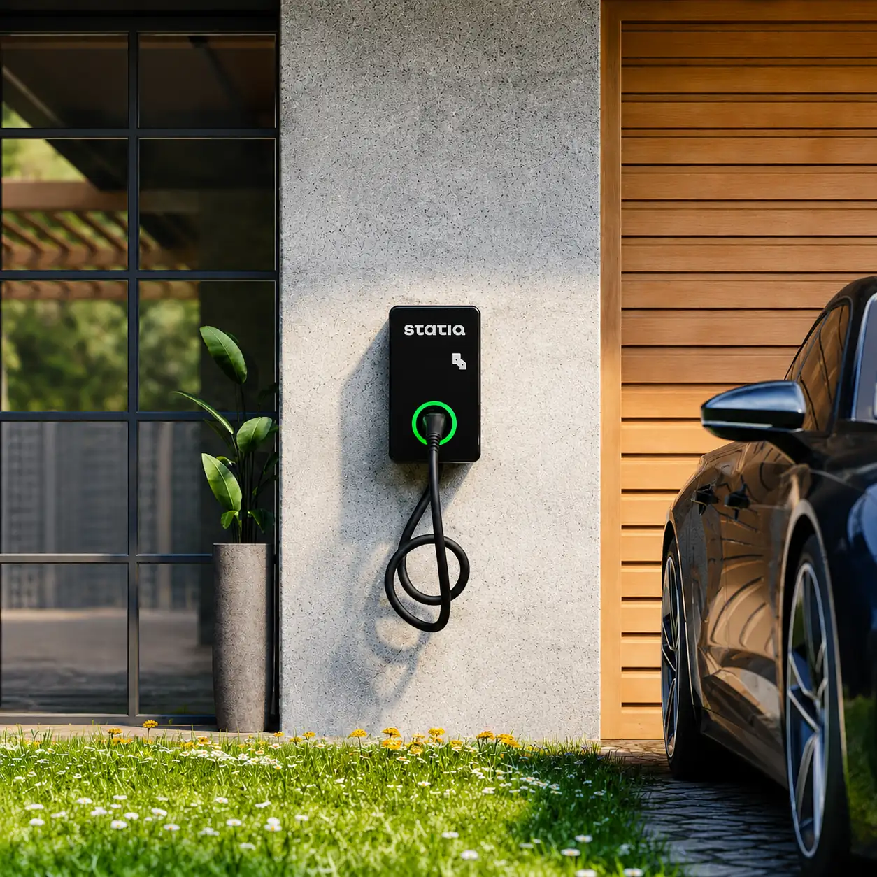 Statiq wall-mounted home EV charger installed beside a parked car