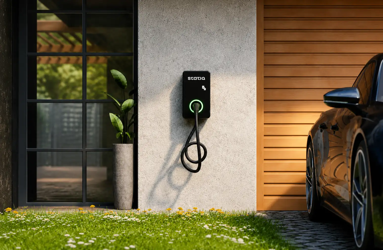 Statiq wall-mounted home EV charger installed beside a parked car